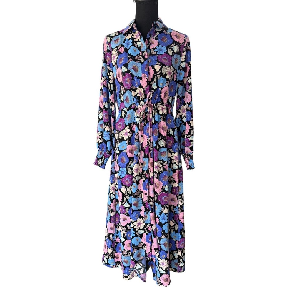 Nicole Miller Floral Button Front Maxi Dress Size 4 Black Blue Romantic Garden